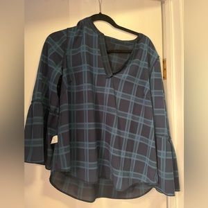 Navy and green blouse with bell sleeve